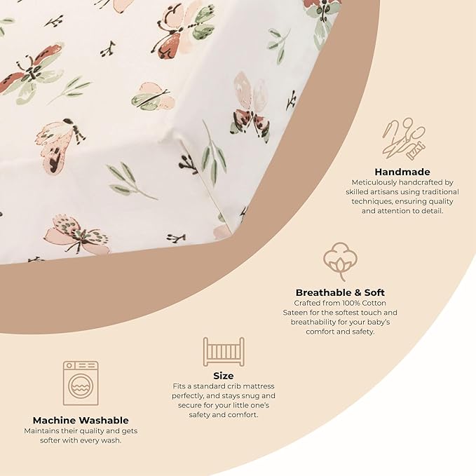 Crane Baby Crib Sheet - 100% Cotton, Breathable Fitted Sheet for Standard Crib Mattress (28"x 52"), Butterfly Pattern for Boys and Girls