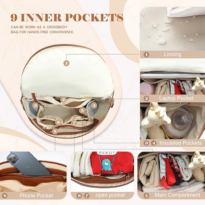 miss fong Diaper Bag Backpack Baby Diaper Bag, Large Leather Diaper Backpack with 16 Pockets Travel Diaper Bag with Diaper Changing Pad, Stroller Straps & 2 Insulated Pockets (Regular, Cognac)