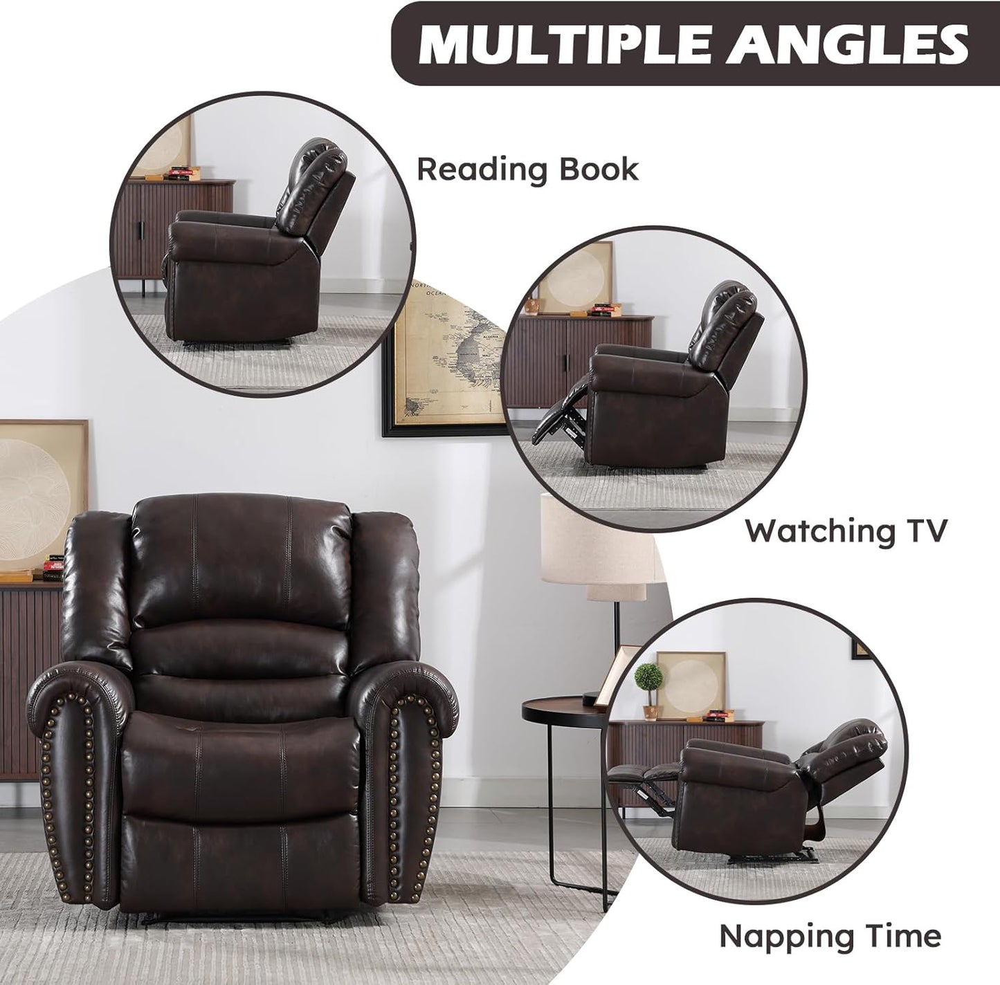 CANMOV Leather Recliner Chair, Classic and Traditional Manual Recliner Chair with Comfortable Arms and Back Single Sofa for Living Room, Dark Brown