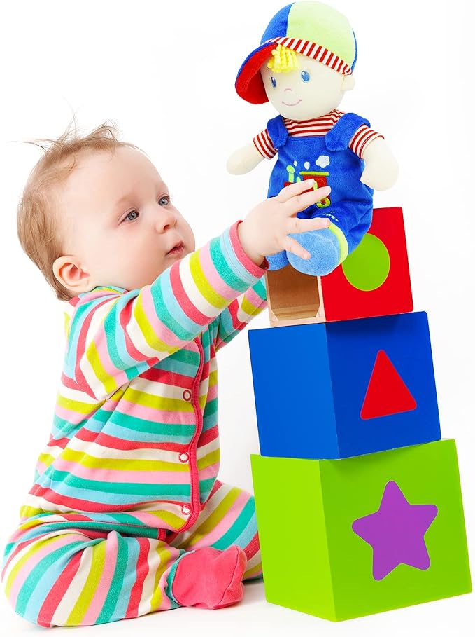 June Garden 13.5" Soft Dolly Ben - Stuffed Soft Baby Boy Doll for Birth and Up - Blue Outfit