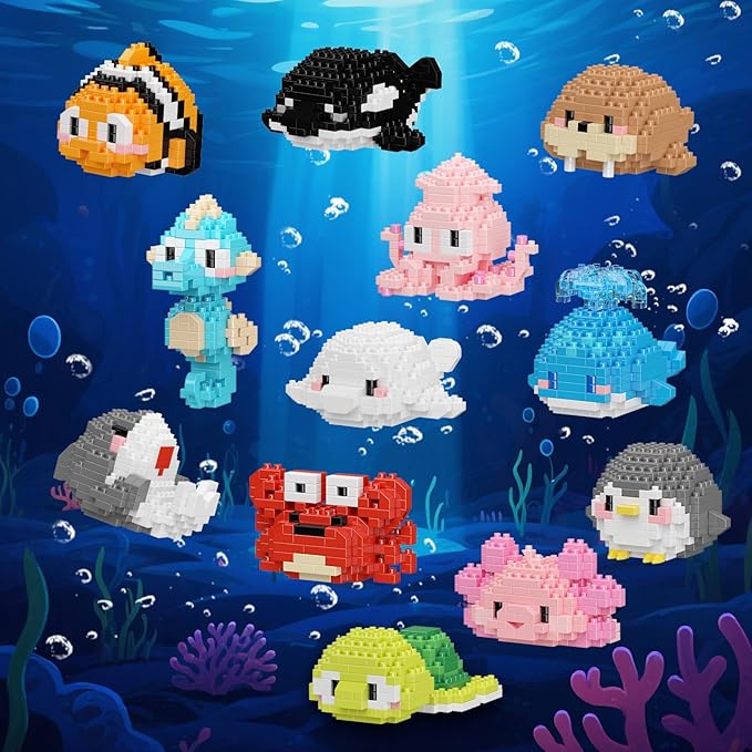 12 Pack Cute Ocean Sea Animal Mini Building Blocks Sets, 2642 PCS Micro Mini Building Bricks Toy for Adults, Party Favors for Kids Boys Girls 12-14