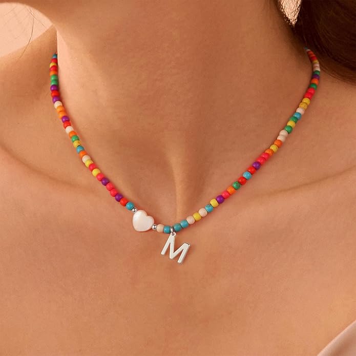 Ursteel Colorful Initial Cute Necklaces for Girls - Trendy Beaded Choker Necklace for Women Teen Girl, Personalized Letter Initial Gifts for Women Kids Jewelry