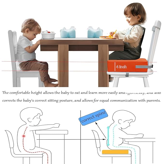 Toddler Booster Seat for Dining Table, 2 Elastic Seat Belts, Anti Scratch PU Skin-Friendly, Waterproof, Anti-Wrinkle, Detachable Non-Slip Bottom - Tangerine
