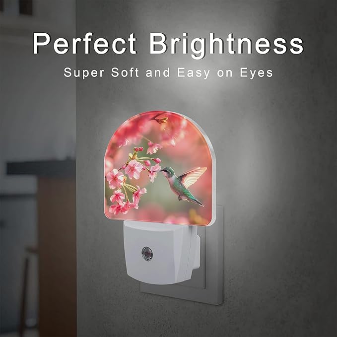 Hummingbird with Cherry Blossoms Night Light Plug into Wall, Pink Flowers Bird Dusk to Dawn Night Light,0.5w Energy Saving Sleep Friendly Nightlight for Kids Boys Girls Home