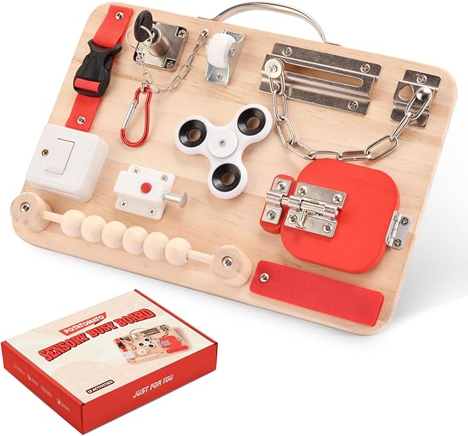 Montessori Busy Board for Toddlers - Wooden Educational Fidget Toys - Autism Sensory Products - Activity Board for Kids Baby Boys Girls, ADHD- Fine Motor Kids Travel Toys