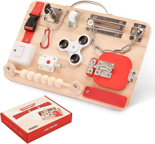 Montessori Busy Board for Toddlers - Wooden Educational Fidget Toys - Autism Sensory Products - Activity Board for Kids Baby Boys Girls, ADHD- Fine Motor Kids Travel Toys