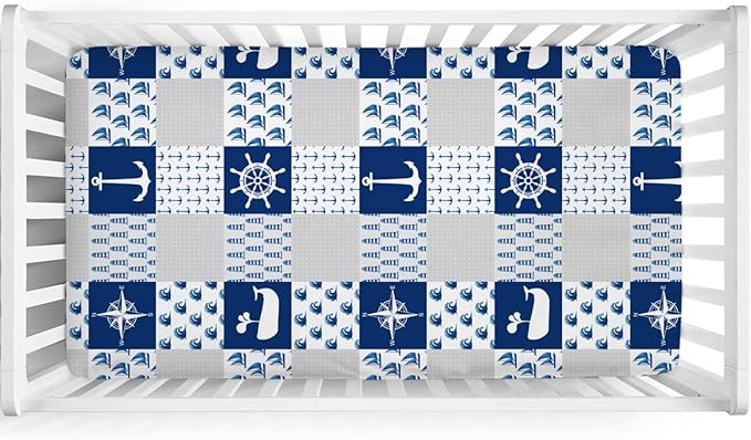 Navy Nautical Life Baby Crib Fitted Sheet 52''x28'' Sea Marine Lighthouse Compass Whale Fitted Crib Mattress Sheet for Boy Girl Nursery Bed Sheets for Standard Crib and Toddler Mattress