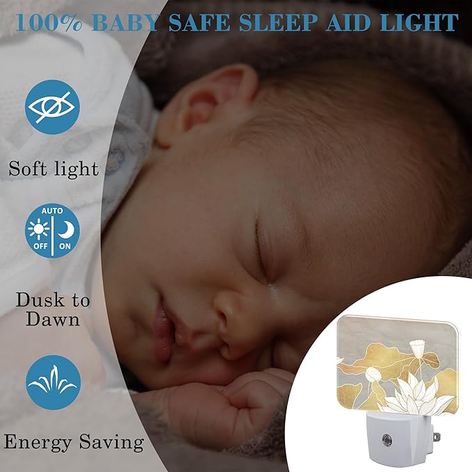 Luxury Water Lily Flowers Night Light Plug into Wall, Golden Lotus and Leaves Night Light with Dusk to Dawn Sensor for Kid Girls Boys Women Men Room, Hallway, Kitchen, Bathroom, Stairs Decor