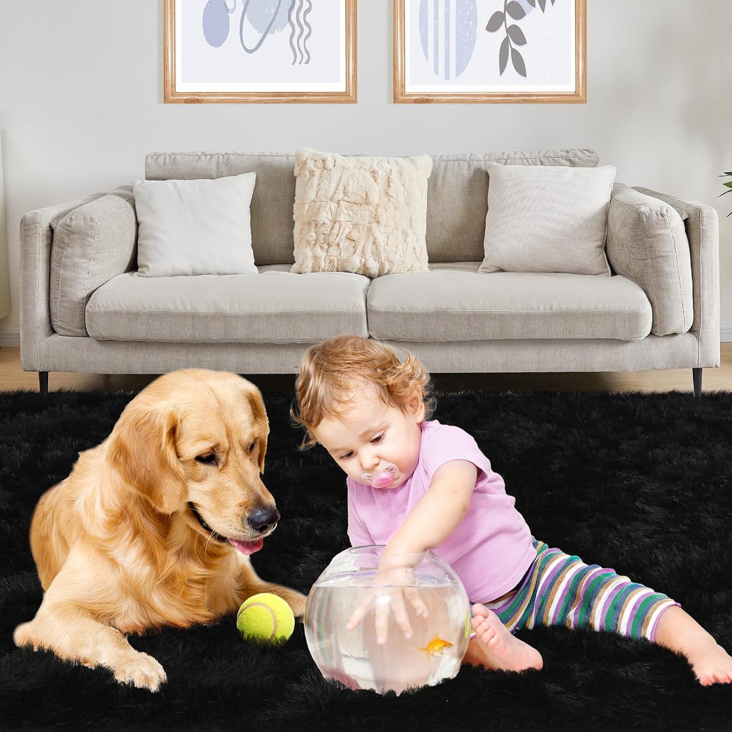 Black Area Rug - 9x12, Soft Plush for Living Room, Bedroom & Nursery, Non-Slip Indoor Carpet for Study, Kids Room Decor