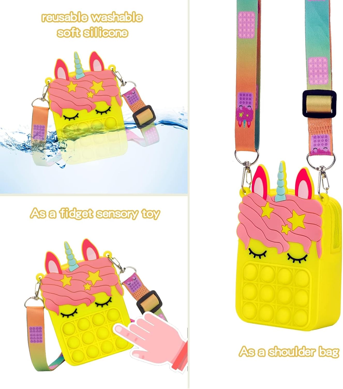 civan Mini Yellow Pop Purse for Girls Boys Crossbody, 2 in 1 Pop Bag Fidget Purse Toy Push Bubble Handbags, Silicone Sensory Toys Messenger Bag for Kids Birthday Gift Cartoon Bag Toy for Students Kids