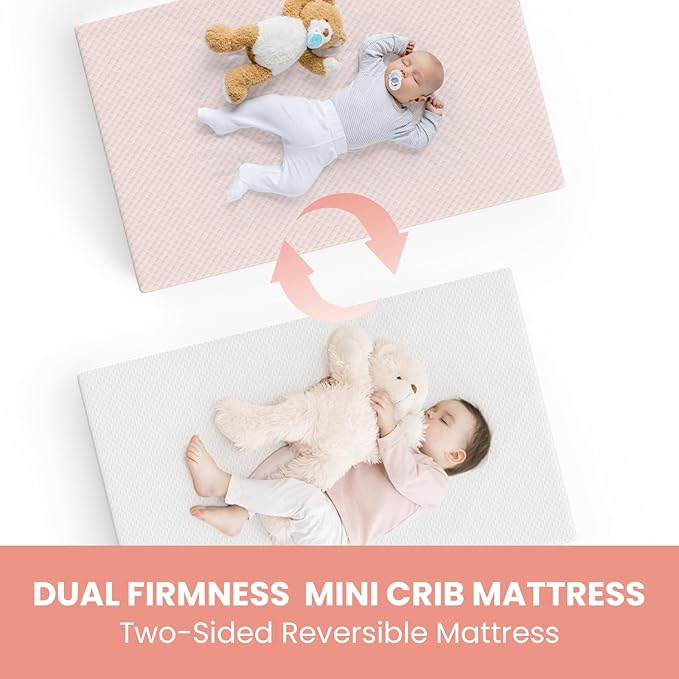 Mini Crib Mattress, 38x24X4 Inch Dual Sided Comfort Gel Memory Foam, Breathable Premium Baby Mattress for Mini and Portable Cribs w/Removable Outer Cover - White&Pink