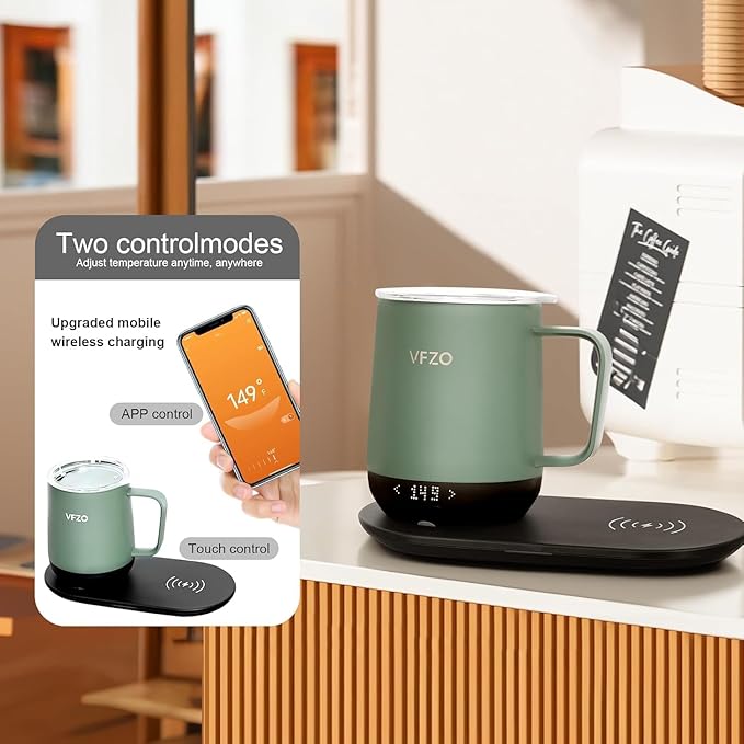 Temperature Control Smart Mug, Self Heating Coffee Mug LED Display, 180 Min Battery Life - Hot up to 149℉ Fast Wireless Charger Base Improved Design coffee serving sets (12oz, Blue Grey)