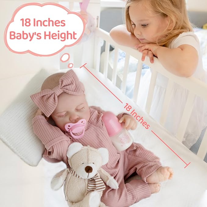 Jirachi Realistic Reborn Baby Dolls, Sleeping Real Life Soft Body Baby Girl, 18 Inch Lifelike Reborn Baby with Pink Clothing Set for Kids 3+