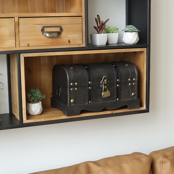 Vintage Wooden Treasure Chest Decorative Box with Lock - 12.2" x 7.1" x 7.1", Black