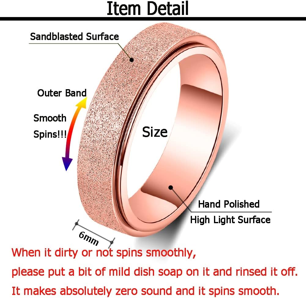 Anxiety Ring for Women Men, Titanium Stainless Steel Spinner Ring, 5 Colors, 6MM, Size 6-10, 3 Styles Anxiety Ring-Moon Star, Sandblasted Finished, Hollow Outer