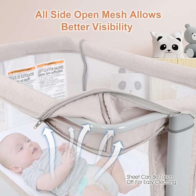 INFANS 3 in 1 Baby Bassinet, Bedside Sleeper for Newborn, Folding Crib with Mattress, Travel Bag, Wheels, 4-Sided Mesh, Easy to Assemble Cradle Co Sleeper Stationary, Rock (Beige)