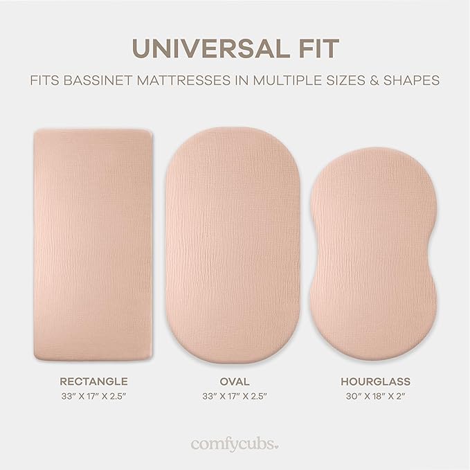 Comfy Cubs Muslin Bassinet Sheet - 100% Soft Cotton Fabric, Breathable & Gentle for Baby’s Sensitive Skin - Universal Fit with Secure Elastic Edging, Gift-Ready Packaging - Blush