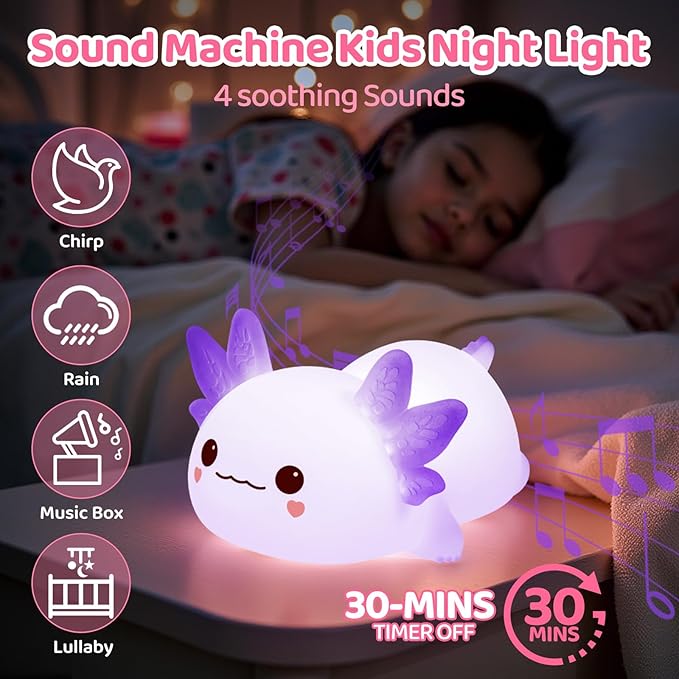 Mewaii Huggwaii Squishy Axolotl Night Light for Kids, Dimmable Silicone Kids Night Light with 4 White Noise, 2025 Upgraded Rechargeable Axolotl Lamp,Toddler Nightlight,Girls&Baby Gifts Room Decor