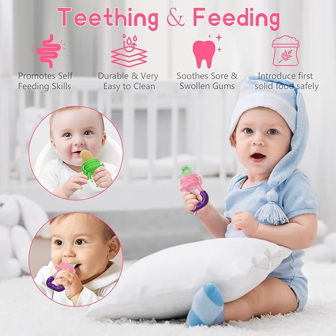 WAJIAYON Baby Fruit Feeder Pacifier - 5 Pack | 2 Mesh Infant Food Feeder Pacifier & 1 Baby Food Dispensing Spoon | Fresh Fruit Teethers for Babies |Shower Gifts for Boys and Girls (Pink & Green)