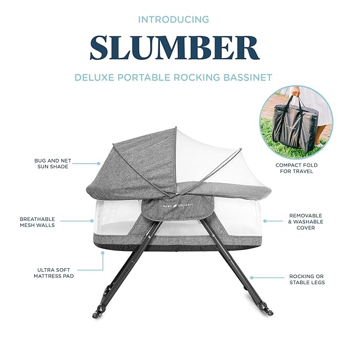 Baby Delight Slumber Deluxe Rocking Bassinet, Portable Baby Bassinet, Removable Canopy, Charcoal Tweed