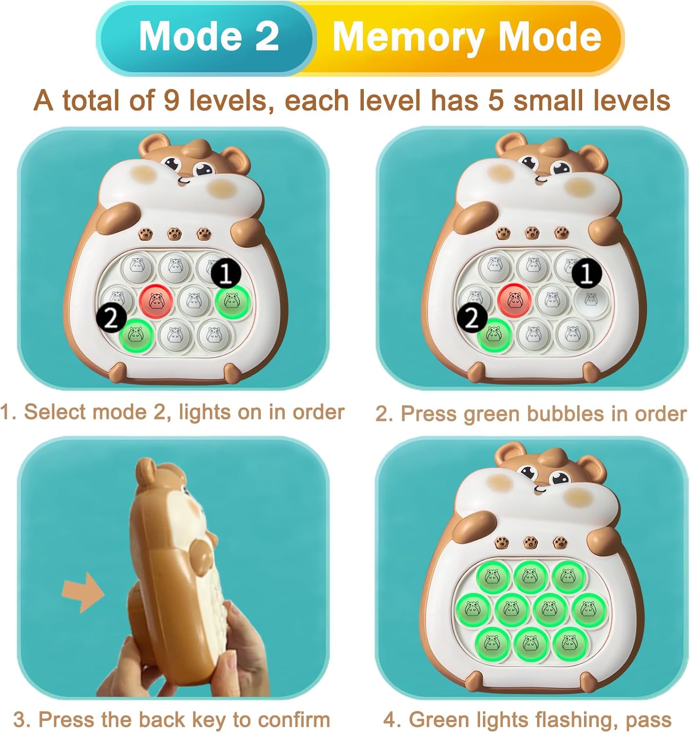 Pop Quick Push Game Light Up Fidget Toys Handheld Puzzle Press Popping Game Console for Kids Ages 3+ Adult Brown Hamster