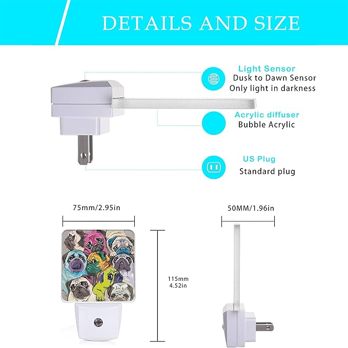 Dog Night Light,Colorful Pugs Dogs Night Lights Plug into Wall with Dusk to Dawn Light Sensors 0.5W Dim Lamp for Bedroom