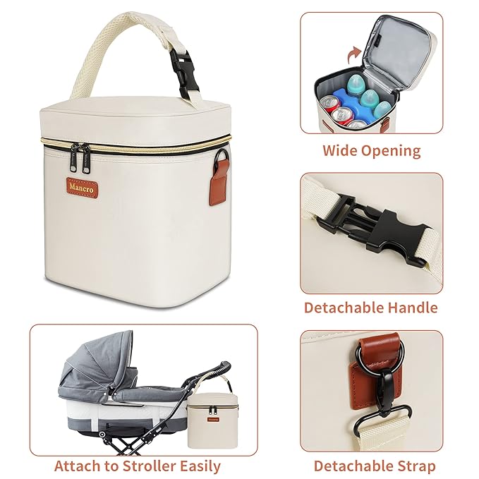 Mancro Breastmilk Cooler Bag with Ice Pack, Fits 6 Insulated Baby Bottles Up to 9 Ounce, Breast Milk Cooler for Nursing Mom (Cream)