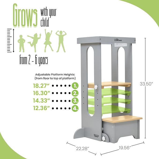 Little Partners Foldable Toddler Tower, Learning Tower Explore 'N Store Montessori Standing Kitchen Tower with Folding Step Stool Platform for Cooking and Learning, Ages 2+ (Silver Drop W/Natural)