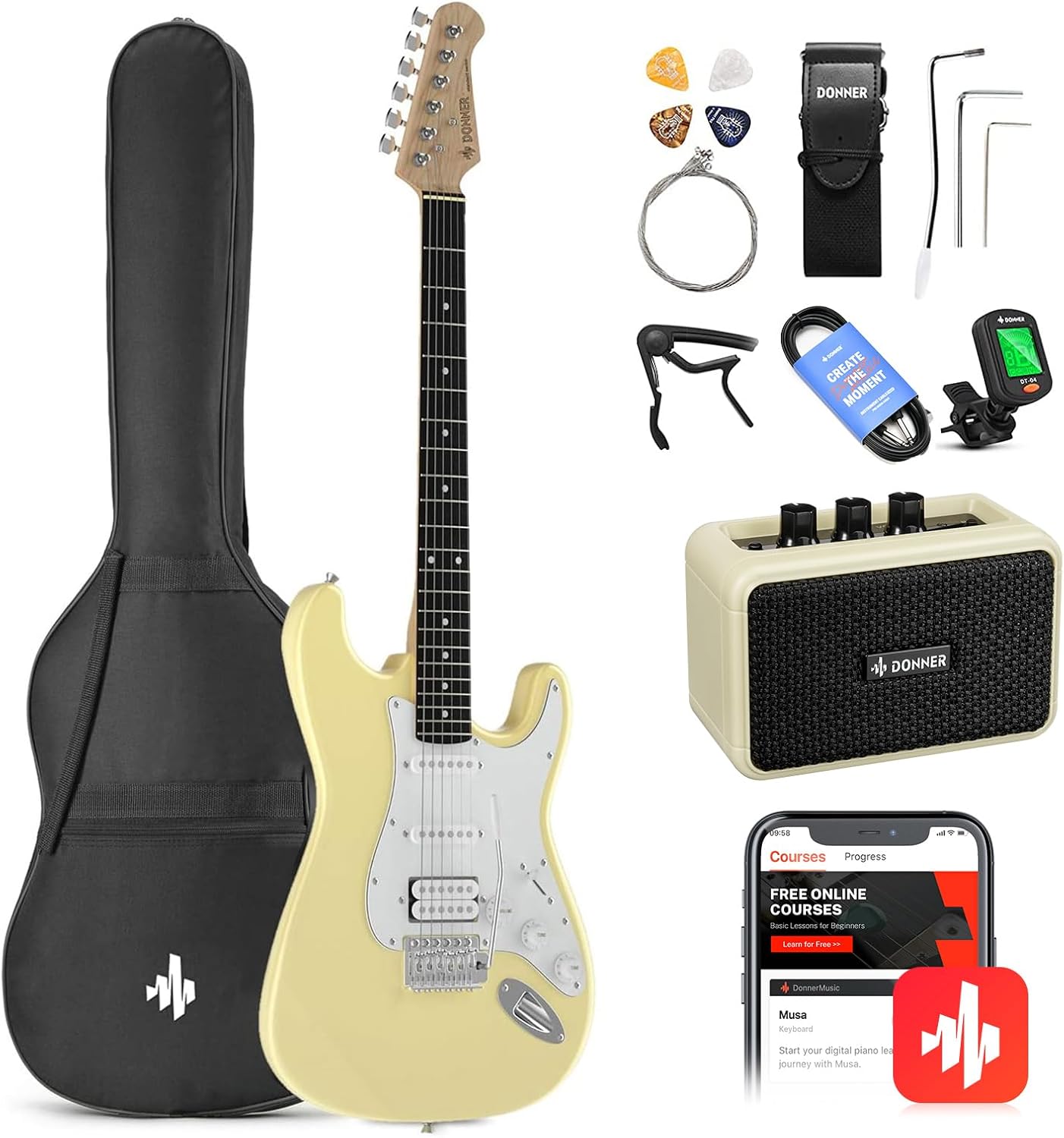 Donner 39-Inch Electric Guitar Starter Kit - Yellow, with Amp, Bag, Tuner, Capo, Strap, Strings, Cable, Picks