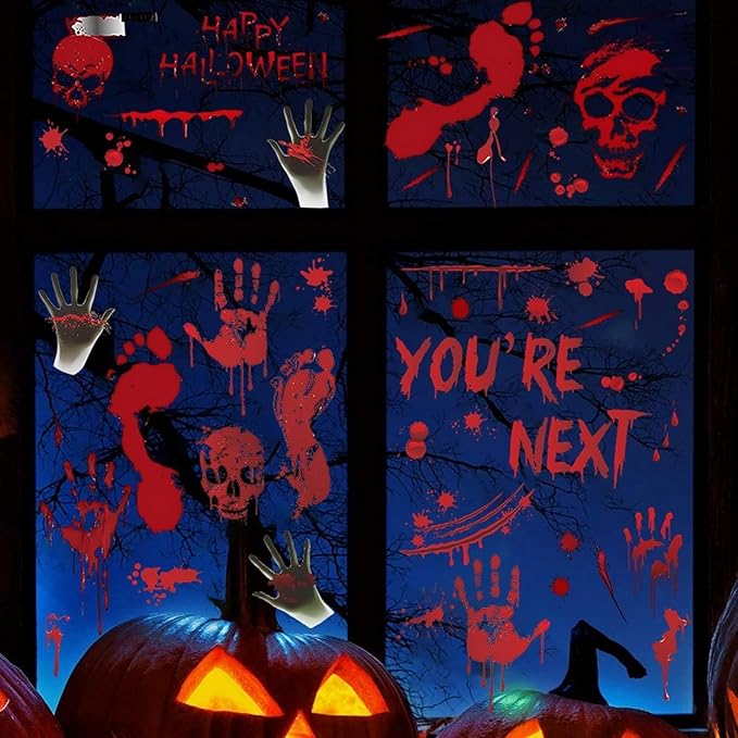 5 Sheets Halloween Window Cling Halloween Bloody Handprint Footprint Window Stickers Double-Side Blood Skull Blood Drop Window Stickers Bloody Handprint Stickers for Scary Party Decoration