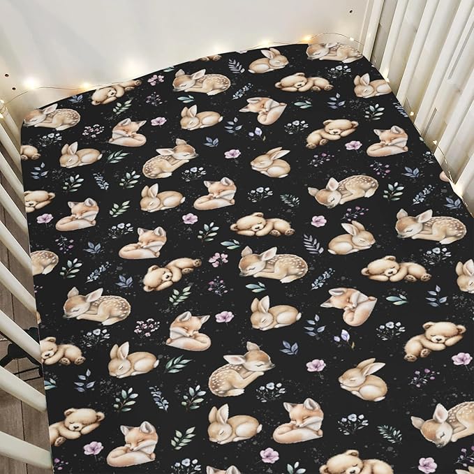 Sleeping Spring Animals Baby Crib Sheets Boy Girl 28"x52" Bear Deer Bunny Floral Leaves Soft Snug Fitted Crib Mattress Cover Cute Animals Baby Sheet for Standard Crib & Toddler Mattress