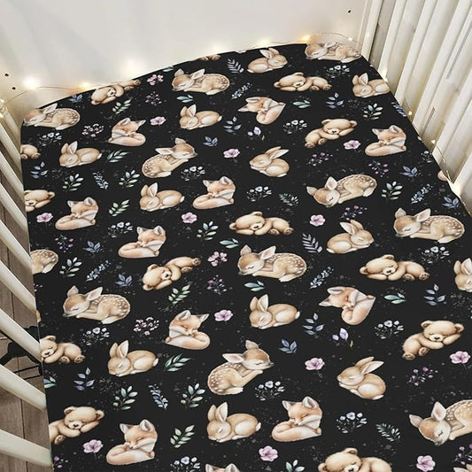 Sleeping Spring Animals Baby Crib Sheets Boy Girl 28"x52" Bear Deer Bunny Floral Leaves Soft Snug Fitted Crib Mattress Cover Cute Animals Baby Sheet for Standard Crib & Toddler Mattress