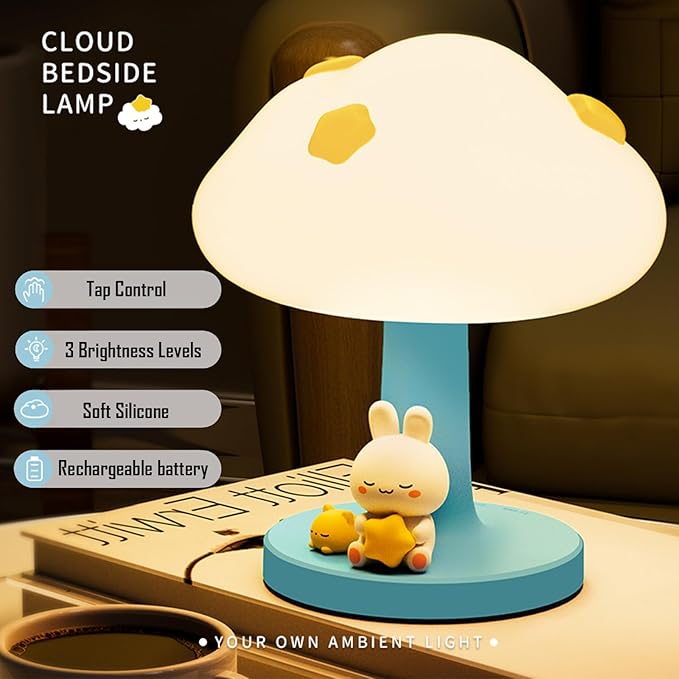 Cloud and Bunny Rechargeable Night Light, Safe Soft Silicone Material, 3 Brightness Levels, Tap Control, Warm Light, Toddler Sleeping Lamp, Bedroom Night Lamp, Gift for Baby and Kid (Cloud and Bunny)