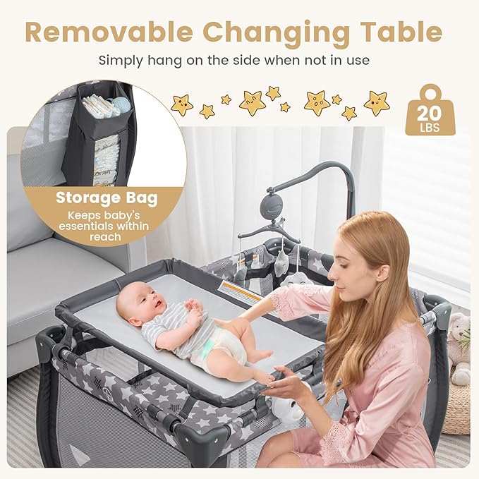 Costzon 3 in 1 Pack and Play with Bassinet, Portable Baby Playard with Changing Table, Music Box, Whirling Toys, Wheels/Brake, Basket, Bag, Foldable Infant Bassinet for Baby Toddlers Indoor Outdoor