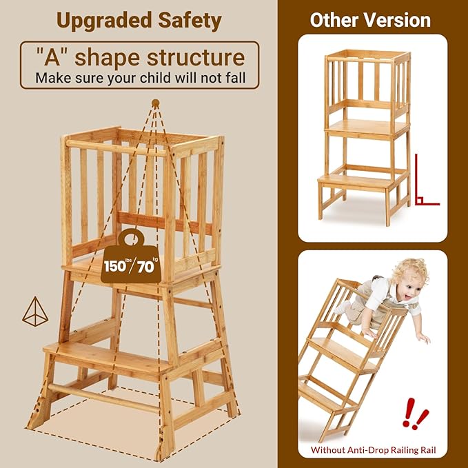 COSYLAND Toddler Standing Tower with Stabilizing Legs - Bamboo Kids Kitchen Step Stool for Learning Cooking - Stable Nursery Standing Stool for Kitchen Island, Bathroom (Natural)