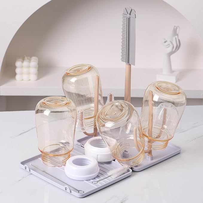 Baby Bottle Drying Rack -Travel Baby Bottle Drying Rack Set, Cleaner Kit with Silicone Bottle Brush,Straw Brush, Suitable for Home use or Traveling with Babies, Camping(Gray) ﻿ ﻿