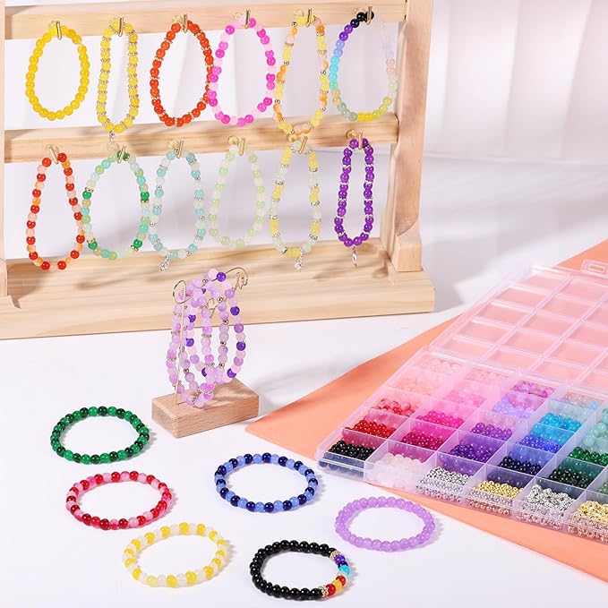 1368pcs 6mm Glass Beads for Bracelets, 34 Colors Crystal Beads for Jewelry Making, Funtopia Round Glass Beads for DIY Earrings Necklace Crafts with Spacer Beads and Charms, Solid and Gradient Colors