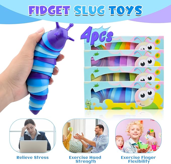 Cevioce Sensory Slug Fidget Toys,Fidget Slug Toys for Adults & Kids Party Favors,4 PCS Cute Autism Sensory Toys for Autistic Children,Toddler Toys Age 3+,Travel Toys for 3+ Year Old（A）