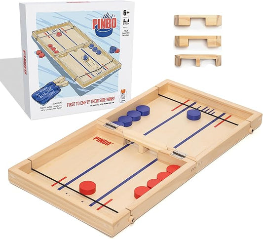 Pinbo The Classic Slingshot Game | Fast Action Foldable 2-Player Tabletop Wooden Game for Kids & Adults | Great for Travel & Game Night | Three Gates Included