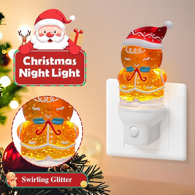 Christmas Night Light Plug into Wall Glitter Water Nightlight with USB/Outlet Options, Christmas Gingerbread Decorative Nightlight for Bedroom Kitchen Nursery Holiday Decorations Gifts (Gingerbread)