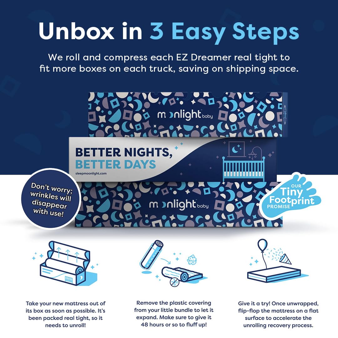 Moonlight Slumber EZ Dreamer Crib Mattress – Dual-Sided Baby and Toddler Mattress, Firm Infant Support, Waterproof and Hypoallergenic Cover, 4.5" Foam, Standard Size, Made in USA