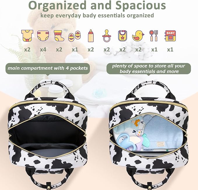 Diaper Bag Backpack,Baby Essentials Diapers Bag with Pacifier Case,Multipurpose Stylish Large Capacity Travel Backpack for Baby Girl/Boy(L-Cow Print)
