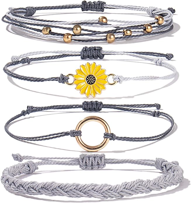 FANCY SHINY Sunflower String Bracelet Boho Braided Rope Wrap Bracelets Cute Summer Beach Surfer Jewelry for Women Christmas Gifts