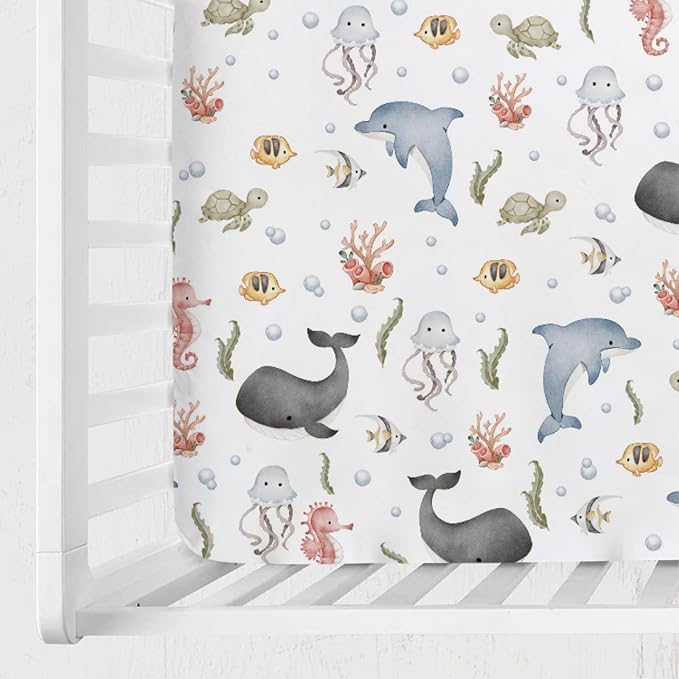 Boho Sea Animals Baby Crib Fitted Sheet 52''x28'' Whale Dolphin Jellyfish Sea Horse Turtle Fish Coral Snug Fitted Crib Mattress Cover for Boy Girl Soft Bed Sheets for Standard Crib Toddler Mattress