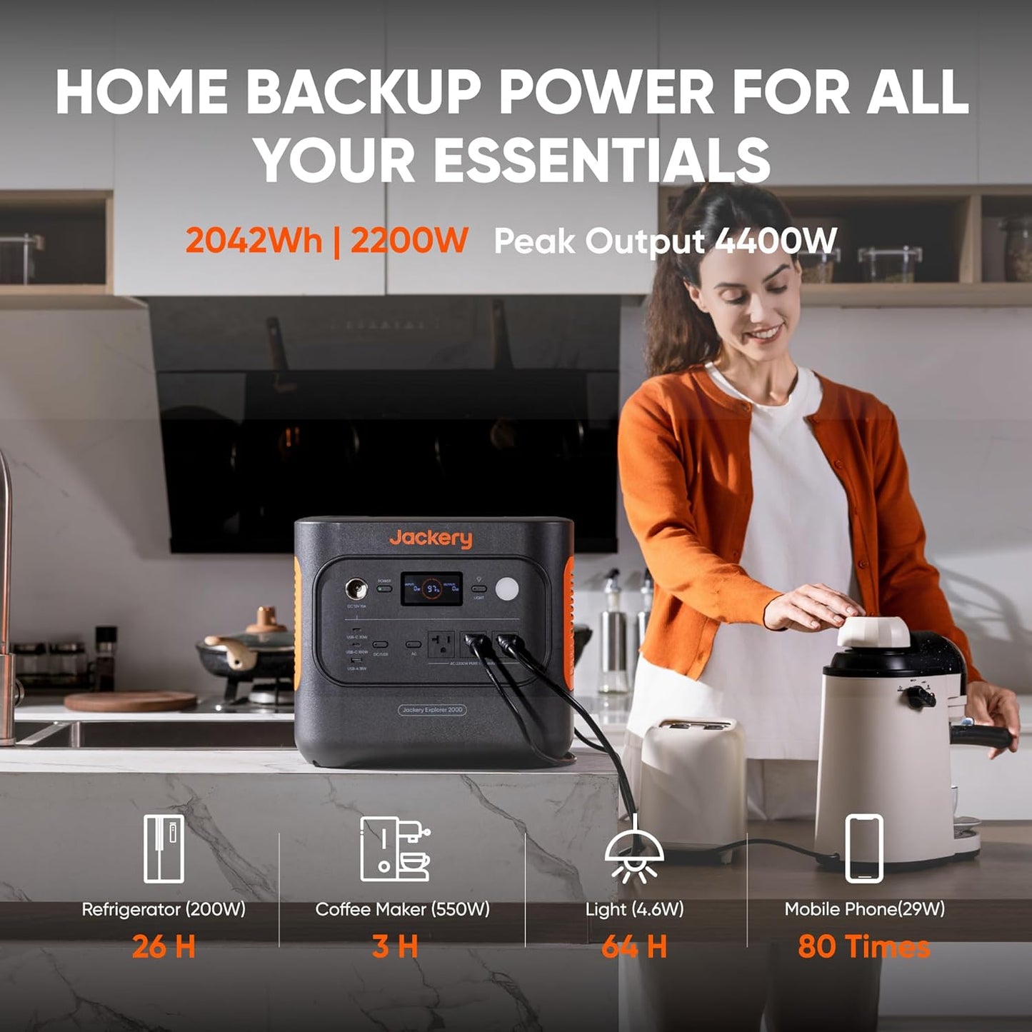 Jackery Explorer 2000 v2 Portable Power Station, 2042Wh LiFePO4 Home Backup Battery, 2200W Solar Generator, USB-C PD 100W Fast Charging for Emergencies, Power Outages, Camping(Solar Panel Optional)
