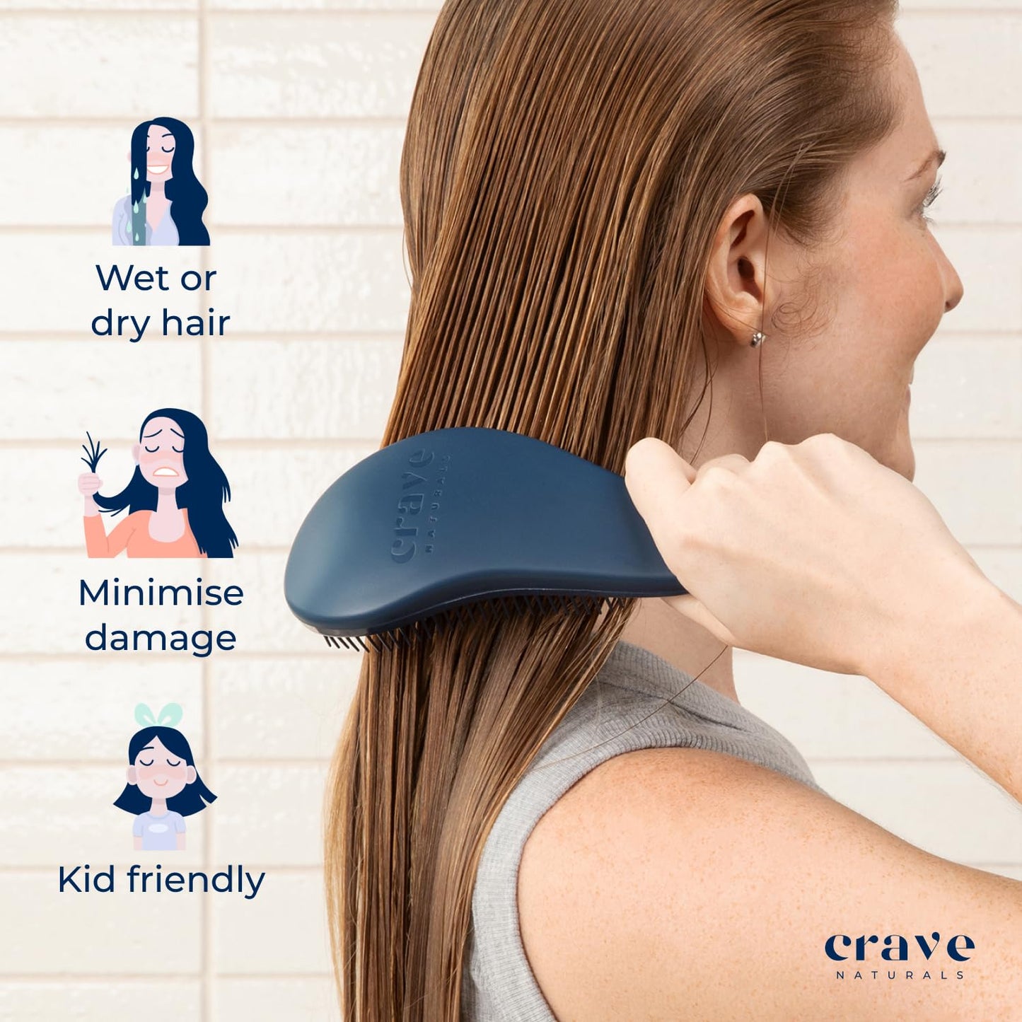 Crave Naturals Glide Thru Hair Brush - Detangler Brush for Curly, Straight, Wet or Dry Hair - Gentle Detangling Brushes for Adults, Kids, Toddlers - Hair Accessories for Women, 7.5"x3" - Blue