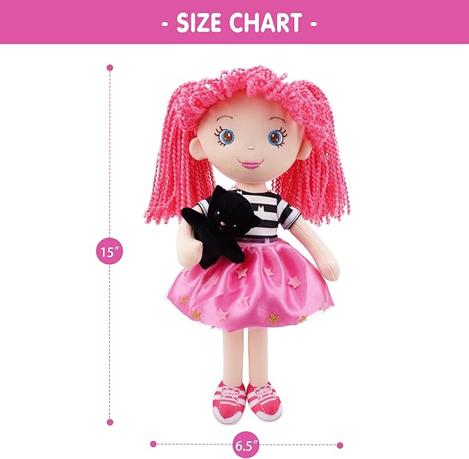 June Garden 15" Playmate Buddies - Plush Doll Ruby with Her Stuffed Animal Companion Kitty Midnight for Kids 1 Year and Up