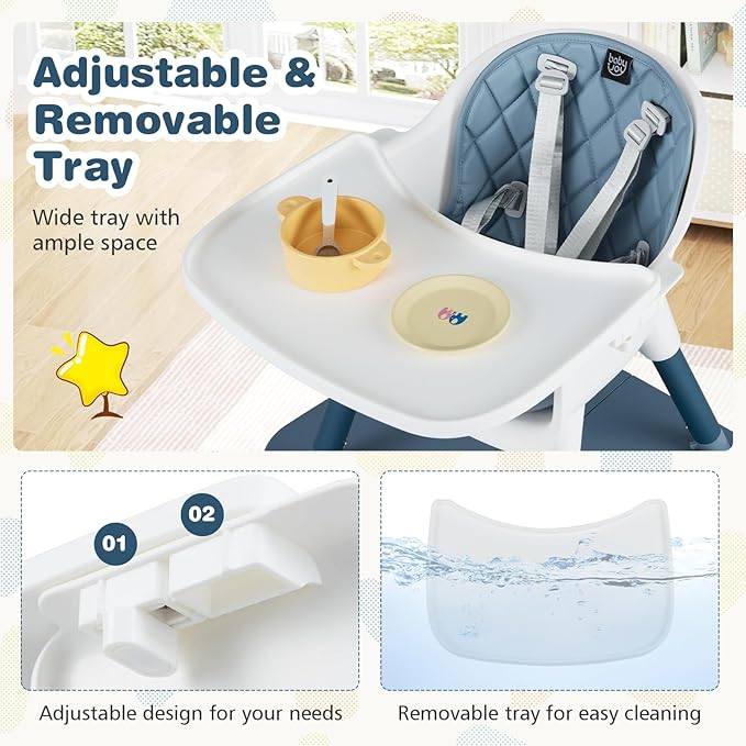 BABY JOY High Chair, 5 in 1 Convertible Highchair for Babies & Toddlers | Booster Seat | Table and Chair Set | Infant Feeding Chair with Removable Tray, Safety Harness, Removable Cushion (Blue)