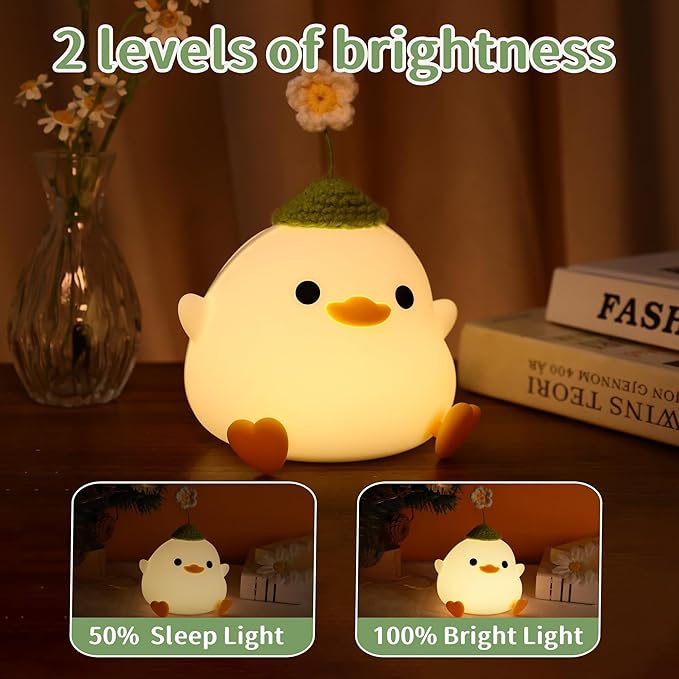 Attivolife Cute Duck Night Light, Animal Soft Silicone LED Lamp with Dimmable and Timer, Portable USB Rechargeable Bedroom Bedside Table Decor, Birthday Christmas Gifts for Girl Boy (Flower Hat)