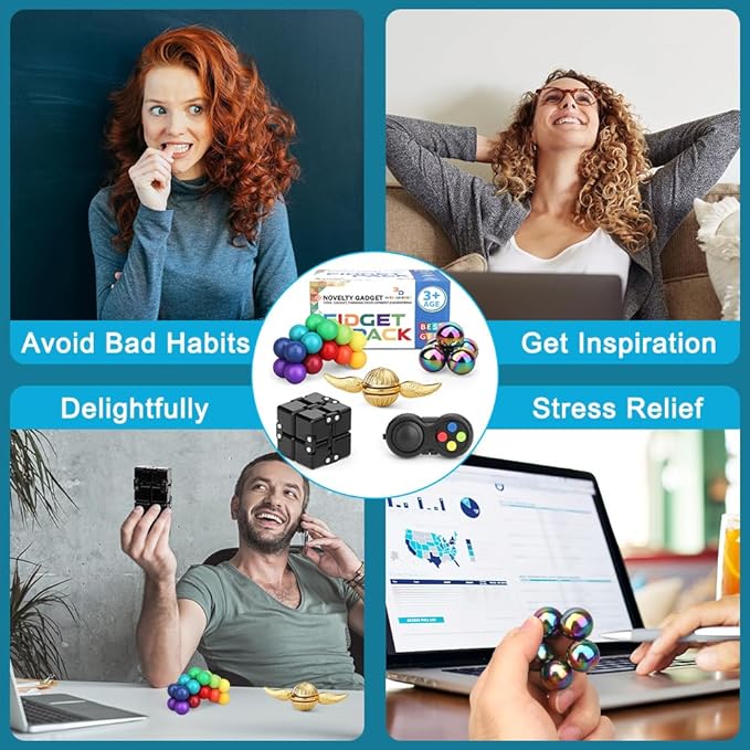 Dilabnba 9PCS Fidget Toys Bulk for Adults Teens, Cool Gadgets Office Desk Toy, Fidget Spinner Cube Pad Rainbow Sensory Ball Magnetic Stones, Goody Bag Fillers Birthday Gifts